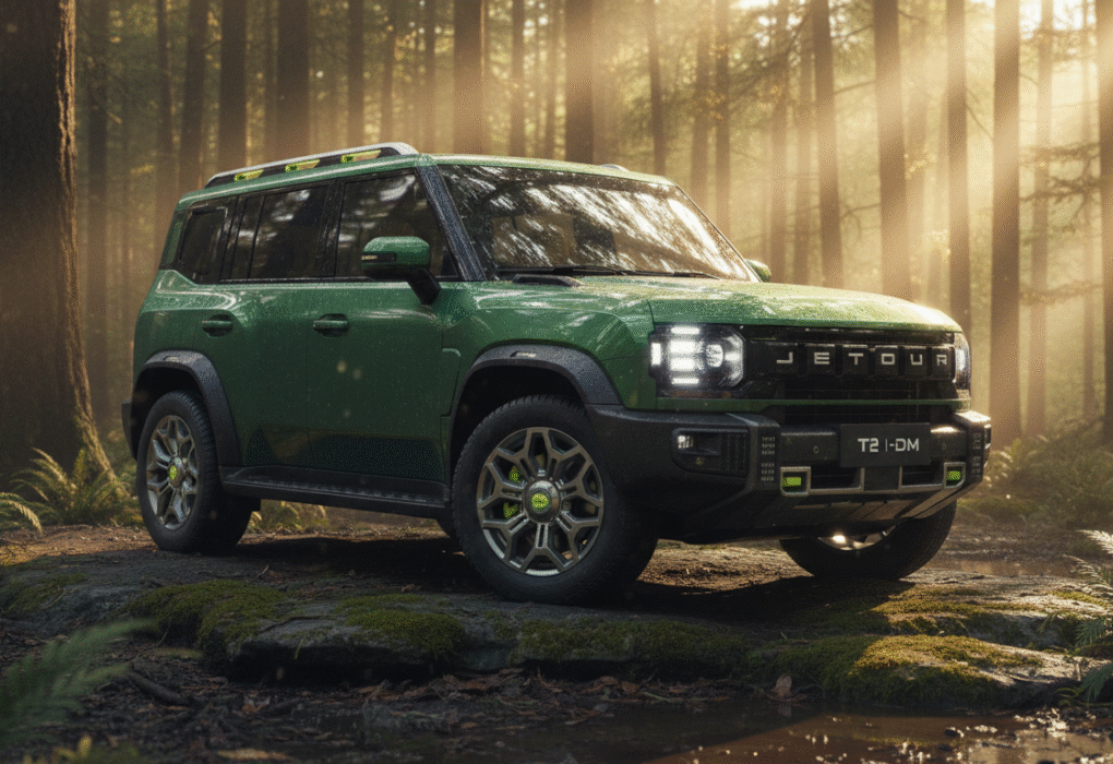 Green SUV in a forest setting