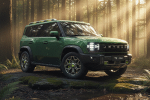 Green SUV in a forest setting