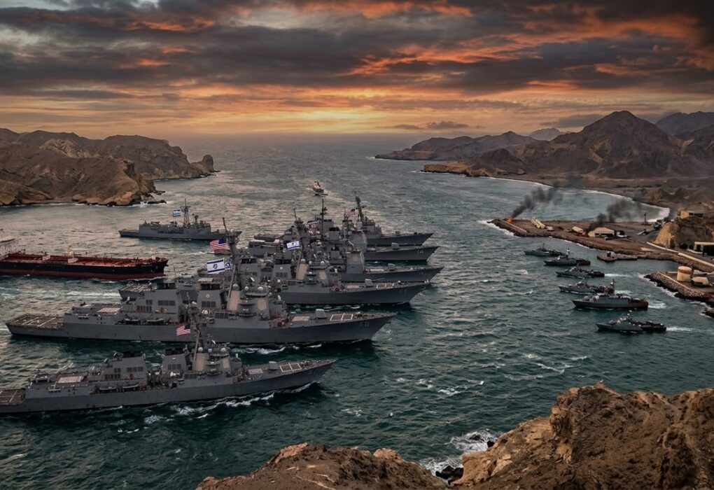 Naval fleet anchored near coastline.